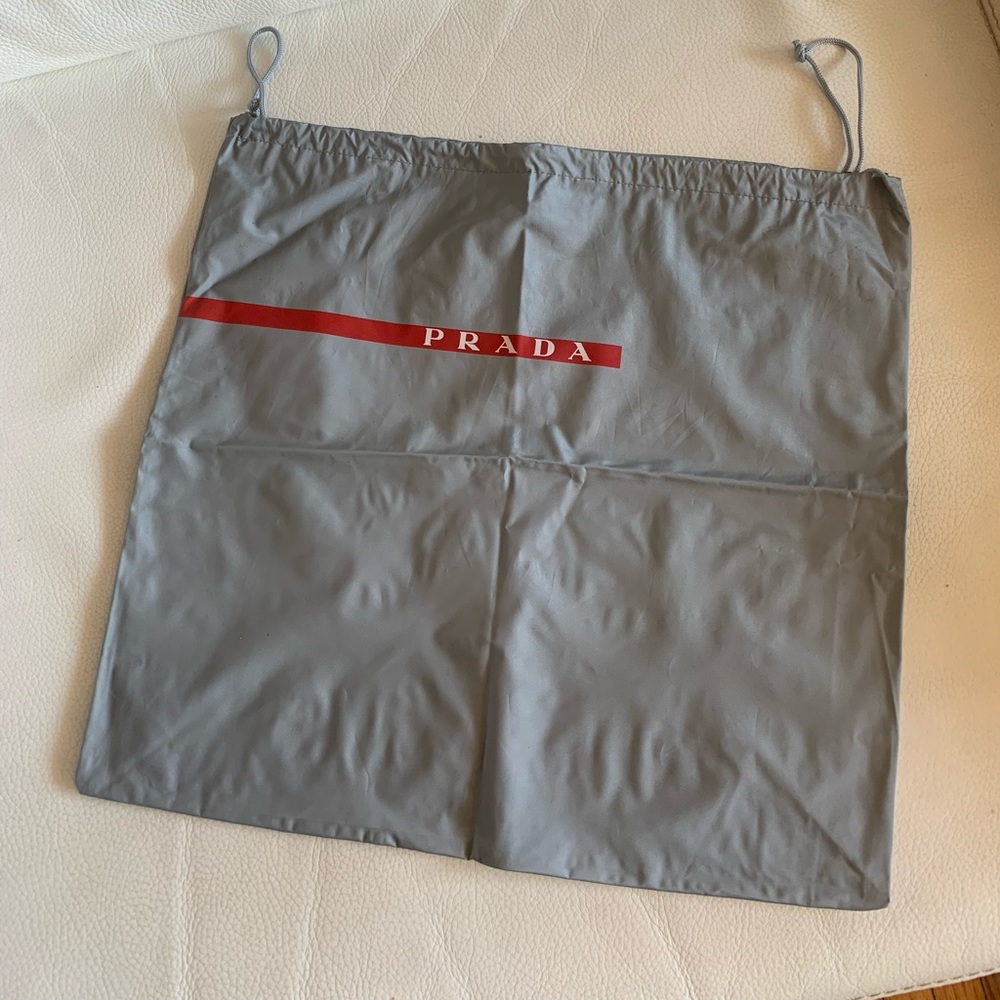 New PRADA Grey Vinyl/Rubber Shoe Dust drawstring Bag W15”/ H 16” (available 5